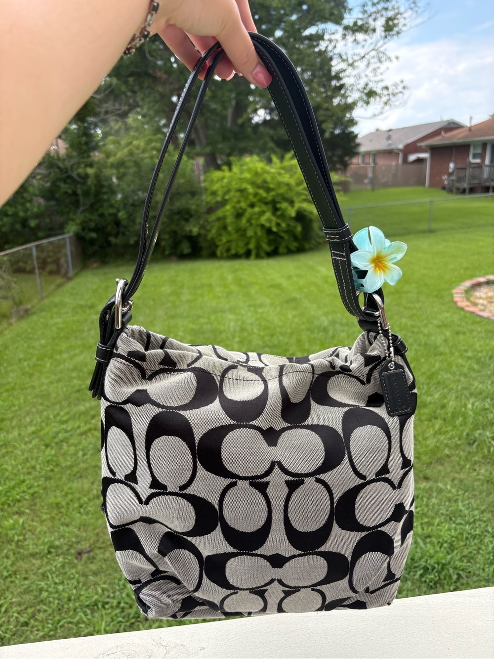 Coach Black and Cream Signature Canvas Shoulder Bag